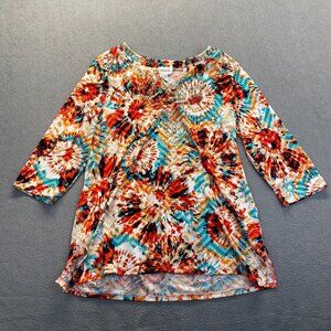 Peck&Peck Top Womens Multicolor Pattern 3/4 Sleeve Stretch Blouse Large,Preppy‎